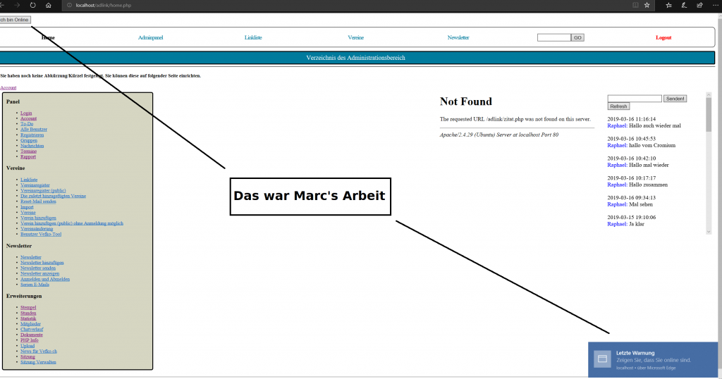 Warnungen im Admin Tool bevor man ausgeloggt wird.