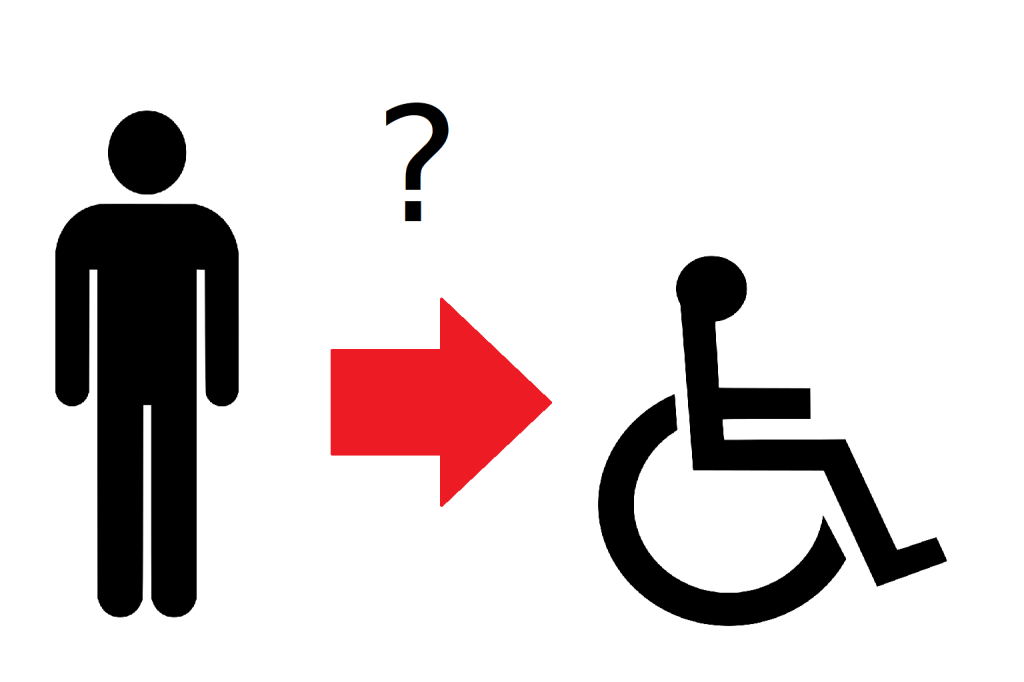 Ein Bild mit Pictogrammen das die Frage stellt: vom Laufen in den Rollstuhl?